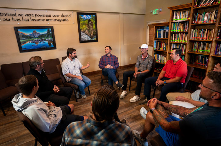 Men in group counseling during Jaywalker’s dual diagnosis IOP