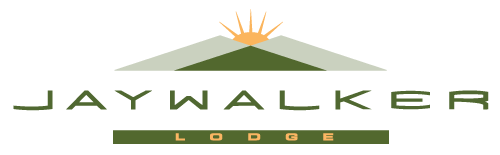 Jaywalker Lodge logo with green mountain silhouette, rising orange sun, and bold JAYWALKER text with LODGE in a green bar